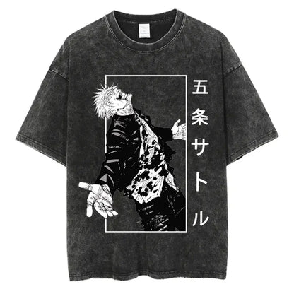 Anime Washed Tshirt Harajuku Summer 100% Cotton Short Sleeve Oversize
