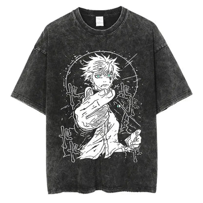 Anime Washed Tshirt Harajuku Summer 100% Cotton Short Sleeve Oversize