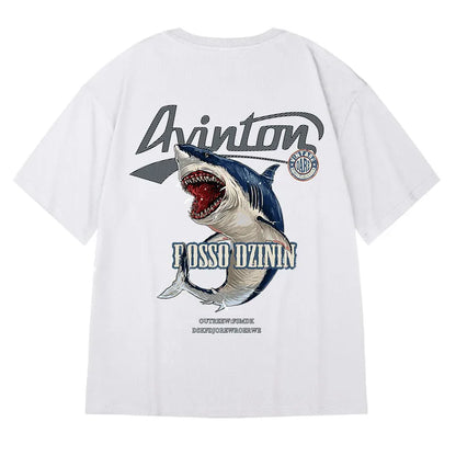 M-8XL Men Tshirt Oversized Fashion Cartoon Shark Attack Print Shirt