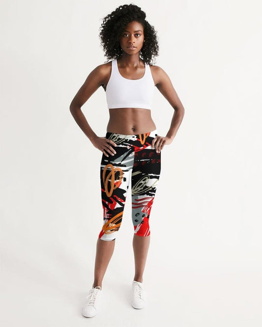 Womens Mid-rise Capri Leggings - Black Red Gray Abstract Pattern