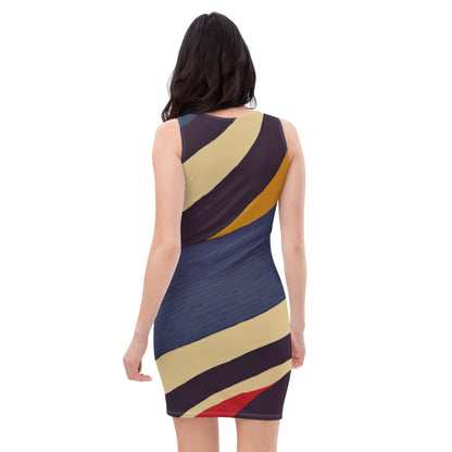 Womens Stretch Fit Bodycon Dress - Brown Red Blue Colorblock Lines