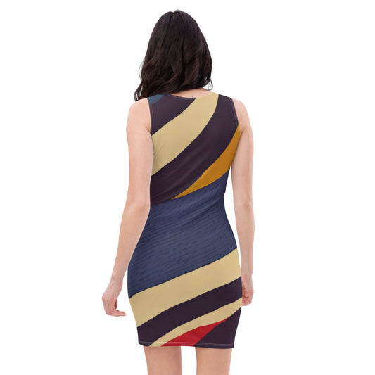 Womens Stretch Fit Bodycon Dress - Brown Red Blue Colorblock Lines