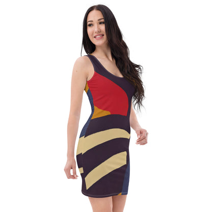Womens Stretch Fit Bodycon Dress - Brown Red Blue Colorblock Lines