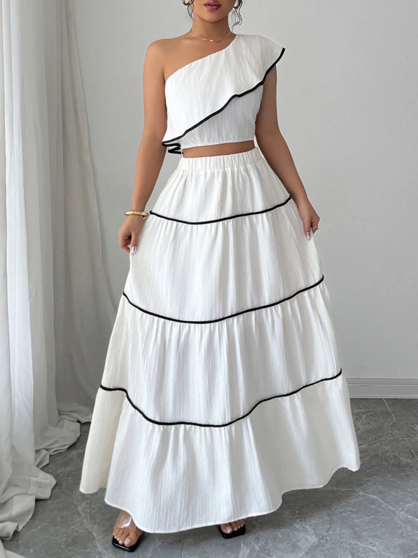 One-Shoulder Ruffle Top and Skirt Two-Piece Set