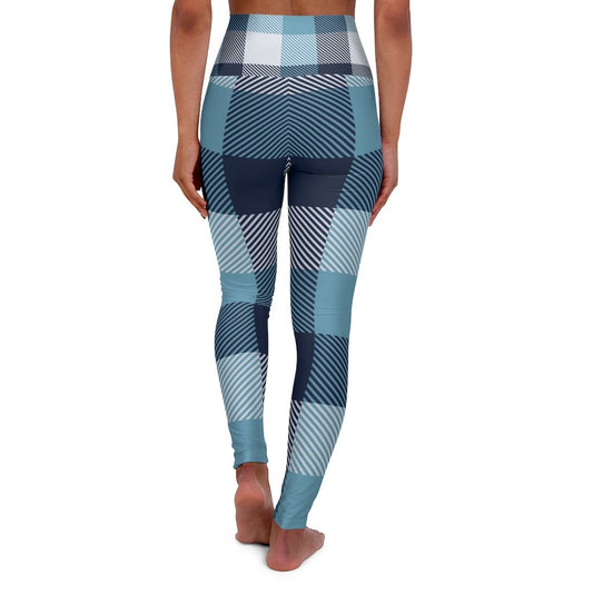 Womens High-waist Fitness Legging Yoga Pants - Blue White Plaid