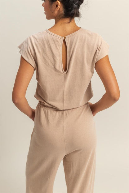 HYFVE Back Keyhole Round Neck Cap Sleeve Drawstring Jumpsuit