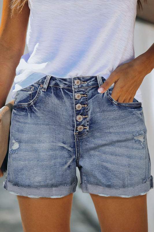 High Rise Button Fly Distressed Denim Women's Shorts
