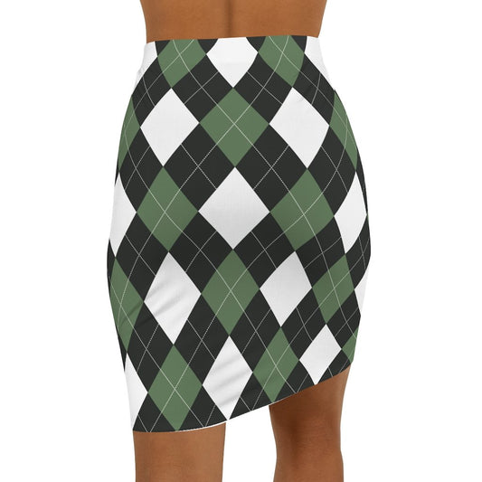 Womens Pencil Skirt - Green and White Argyle Stretch Mini