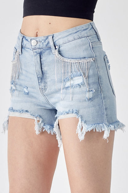 RISEN Frayed Hem Denim Women's Shorts with Fringe