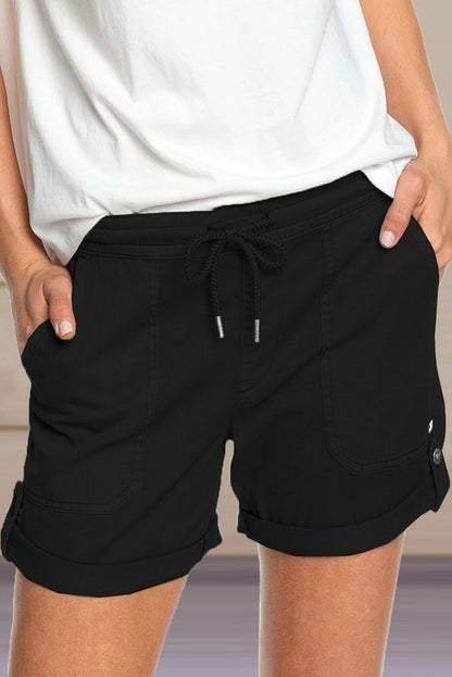 Elastic Waistband Pocket Drawstring Women's Shorts with Button