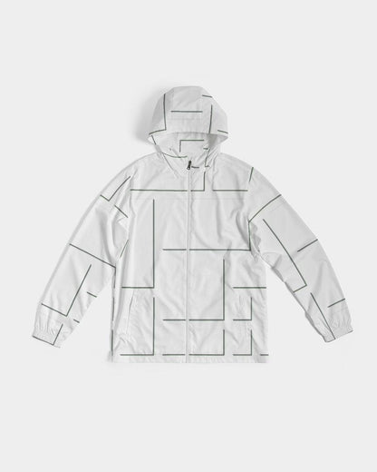 Mens Hooded Windbreaker - White Grid Pattern Water Resistant Jacket