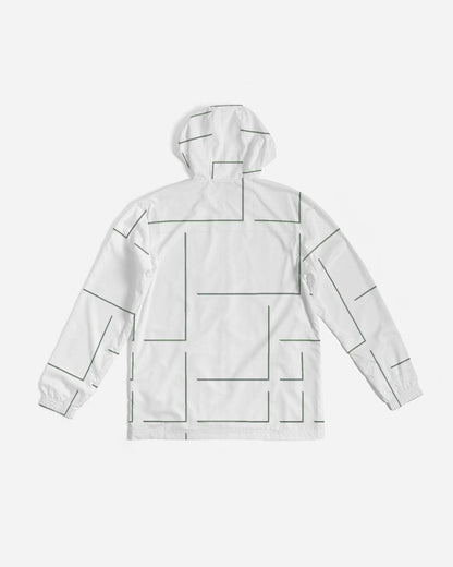 Mens Hooded Windbreaker - White Grid Pattern Water Resistant Jacket