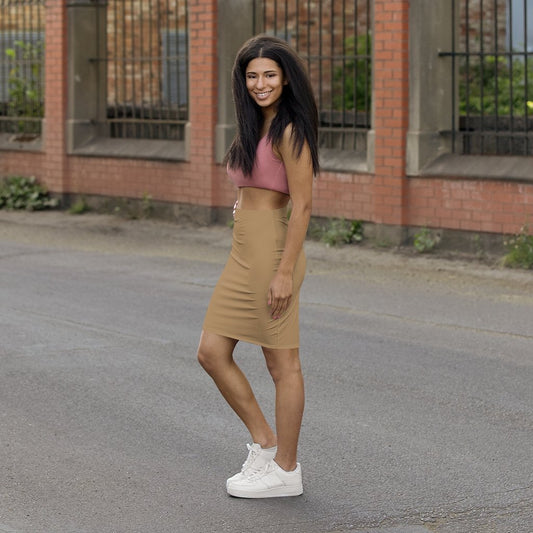 Womens Pencil Skirt - Camel Brown Stretch Mini
