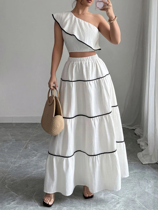 One-Shoulder Ruffle Top and Skirt Two-Piece Set