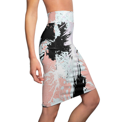 High Waist Womens Pencil Skirt - Contour Stretch - Abstract Pink Black