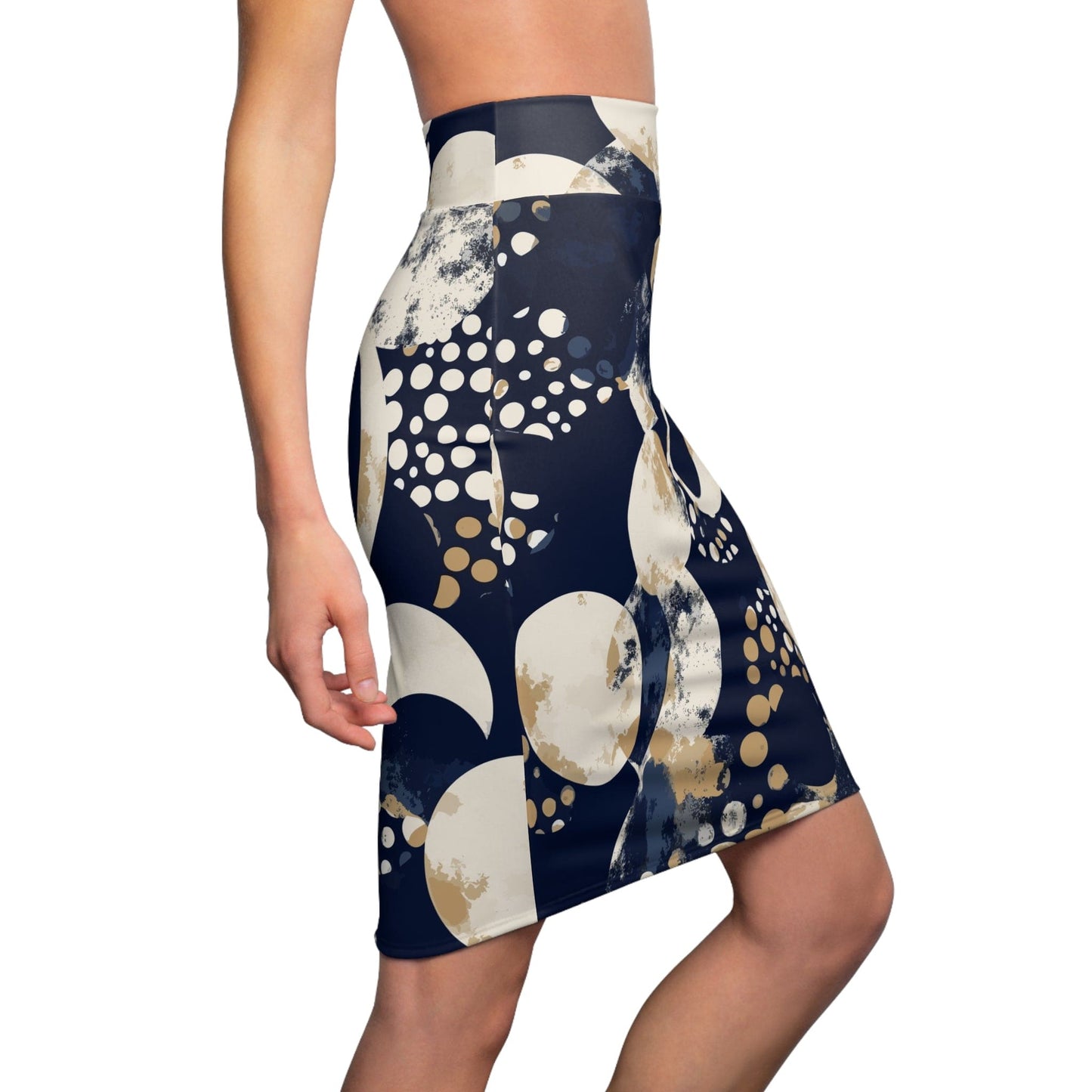 High Waist Womens Pencil Skirt - Contour Stretch - Navy Blue and Beige