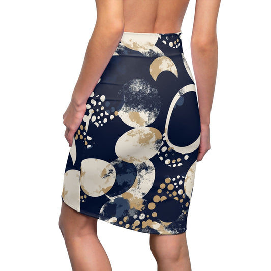High Waist Womens Pencil Skirt - Contour Stretch - Navy Blue and Beige