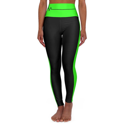 High Waisted Yoga Leggings - Black and Neon Green Beating Heart Sports