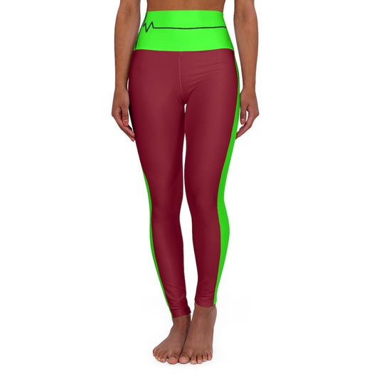 High Waisted Yoga Leggings - Dark Red and Neon Green Beating Heart