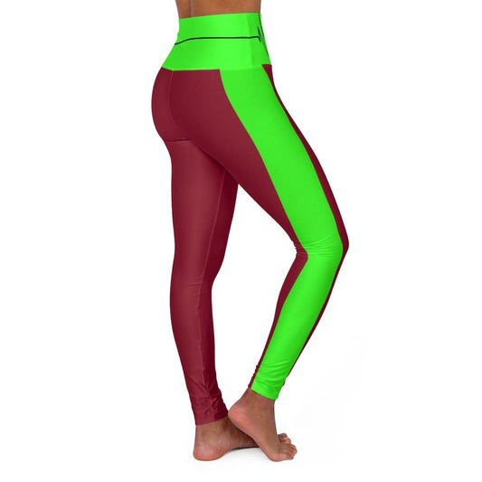 High Waisted Yoga Leggings - Dark Red and Neon Green Beating Heart