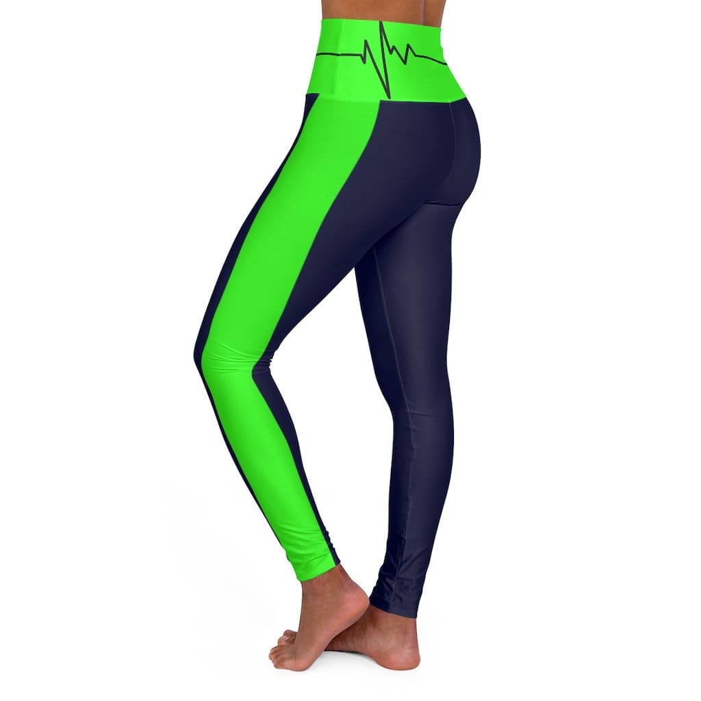 High Waisted Yoga Leggings - Navy Blue and Neon Green Beating Heart