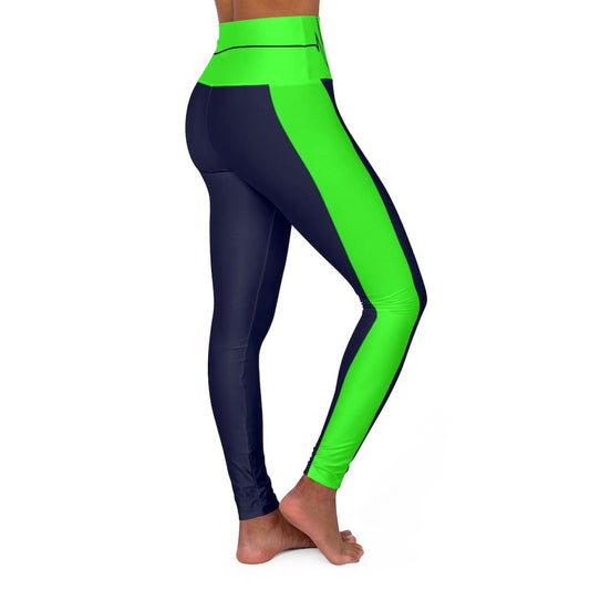 High Waisted Yoga Leggings - Navy Blue and Neon Green Beating Heart