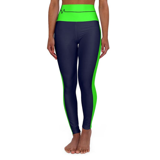 High Waisted Yoga Leggings - Navy Blue and Neon Green Beating Heart