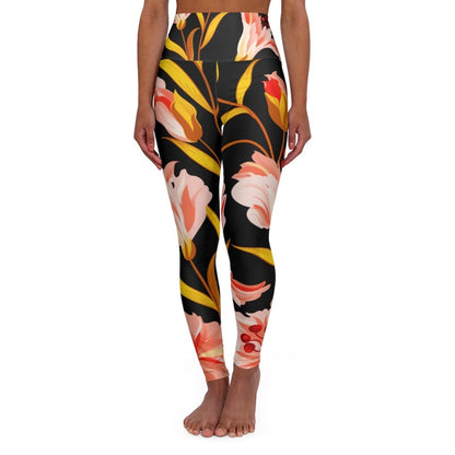 Womens High Waist Fitness Leggings - Pink and Gold Floral