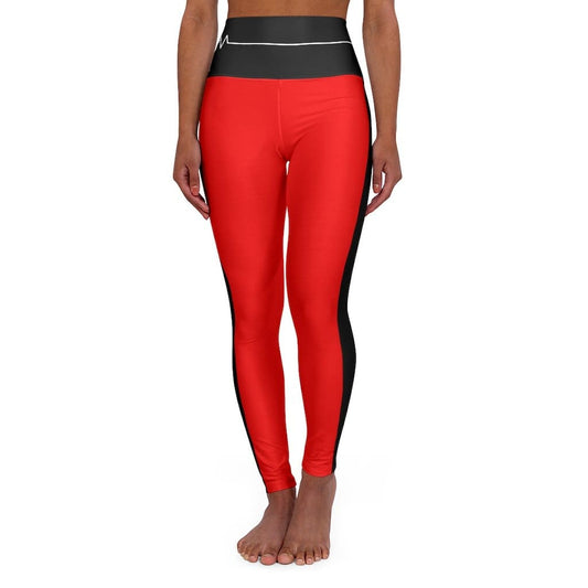 High Waisted Yoga Leggings - Red and Black White Bordered Beating