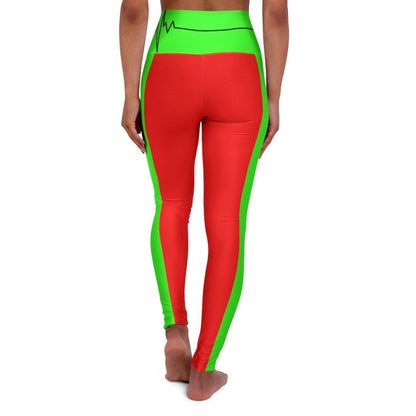 High Waisted Yoga Leggings - Red and Neon Green Beating Heart Sports