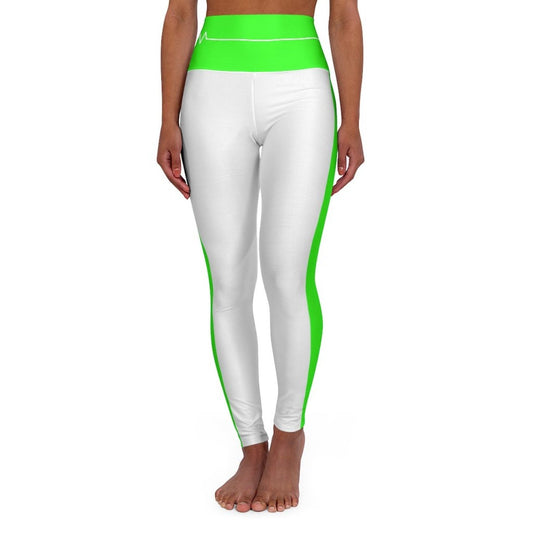 High Waisted Yoga Leggings - White and Neon Green White Bordered