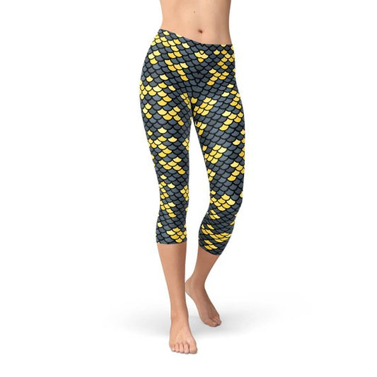 Mermaid Capri Leggings for Women with Dark Gray and Yellow Fish Scales