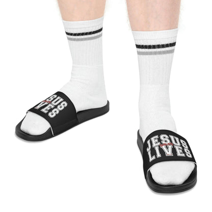 Mens Black Slide Sandals - Jesus Saves Lives - Christian Inpsiration