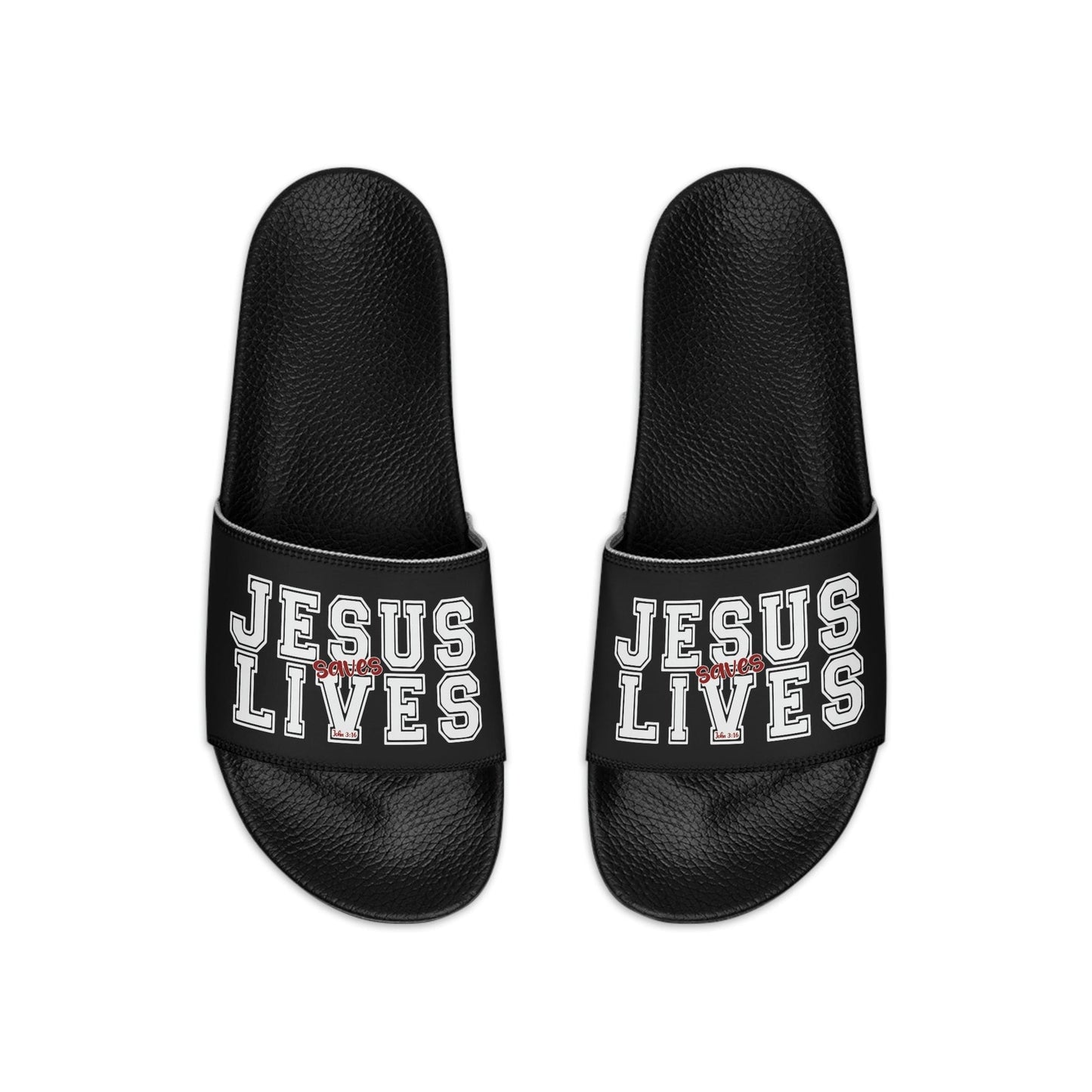 Mens Black Slide Sandals - Jesus Saves Lives - Christian Inpsiration