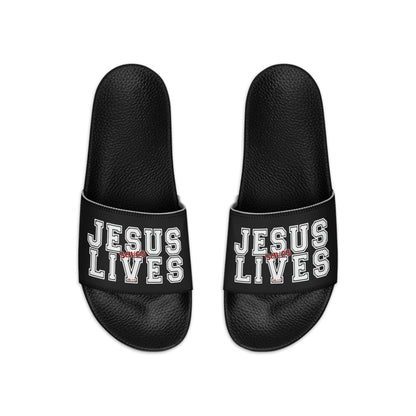 Mens Black Slide Sandals - Jesus Saves Lives - Christian Inpsiration