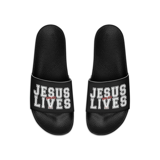 Mens Black Slide Sandals - Jesus Saves Lives - Christian Inpsiration