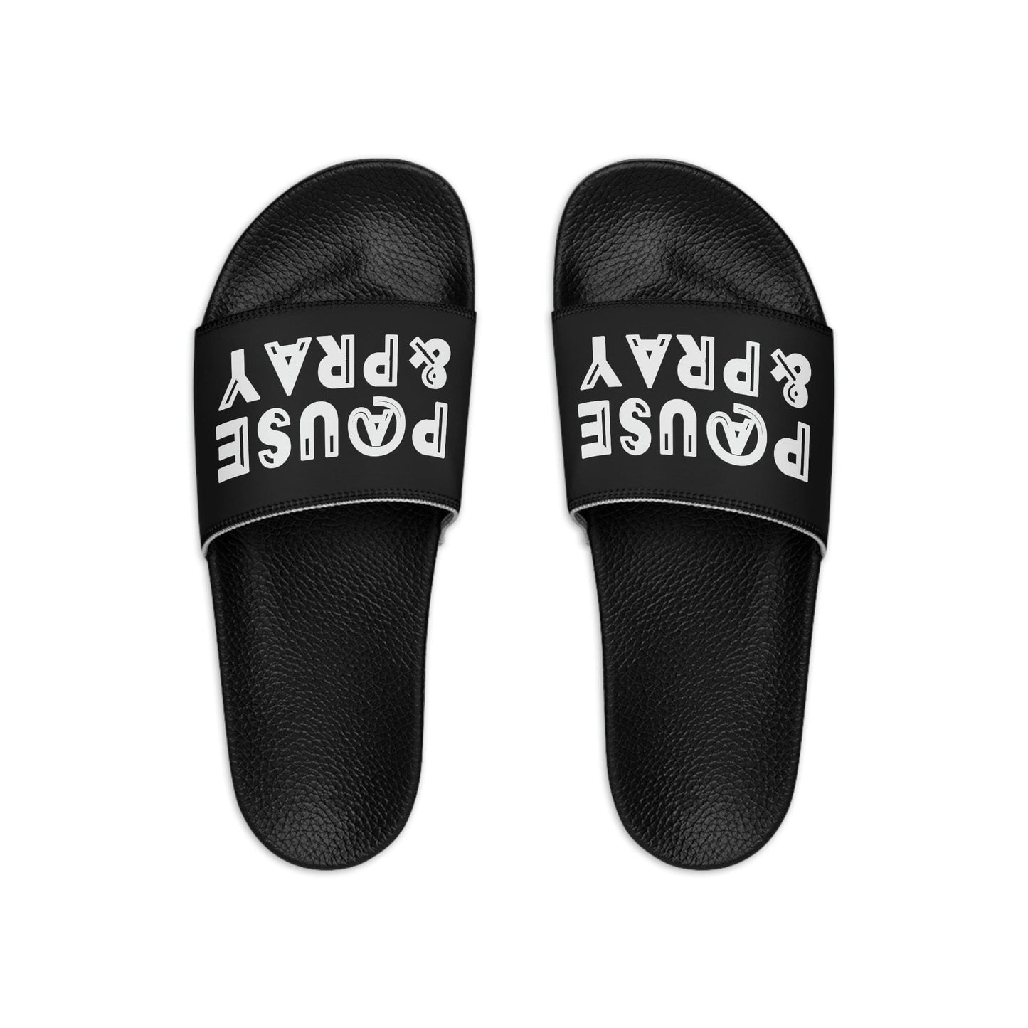 Mens Black Slide Sandals - Pause and Pray - Christian Inspiration