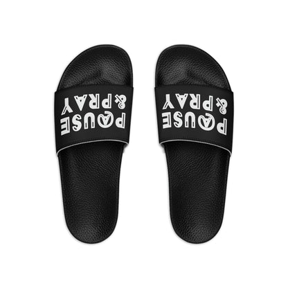 Mens Black Slide Sandals - Pause and Pray - Christian Inspiration