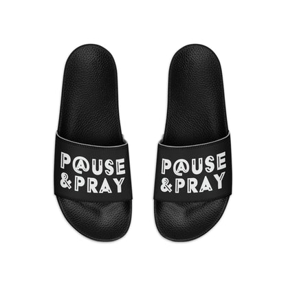Mens Black Slide Sandals - Pause and Pray - Christian Inspiration