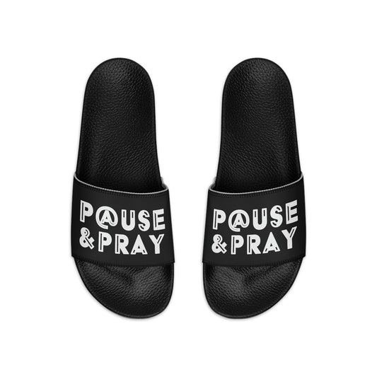 Mens Black Slide Sandals - Pause and Pray - Christian Inspiration