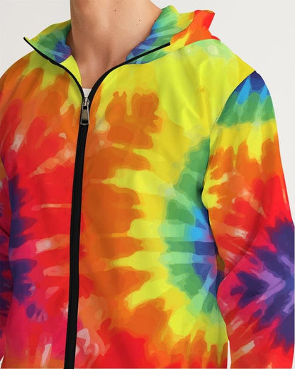 Mens Hooded Windbreaker - Rainbow Tie-dye Water Resistant Jacket -