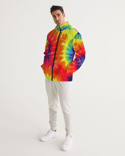 Mens Hooded Windbreaker - Rainbow Tie-dye Water Resistant Jacket -
