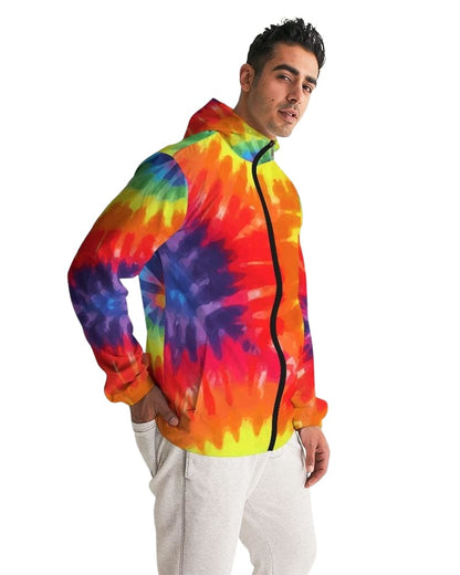 Mens Hooded Windbreaker - Rainbow Tie-dye Water Resistant Jacket -
