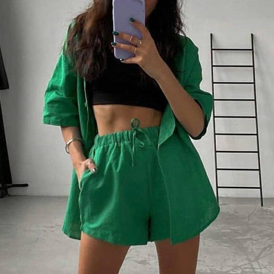 Summer Casual Women's Shorts Suits Green Streetwear Short Sleeve Shirt 2 piece
