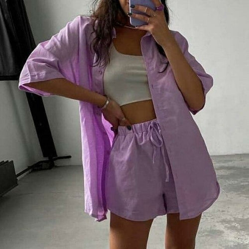 Summer Casual Women's Shorts Suits Green Streetwear Short Sleeve Shirt 2 piece
