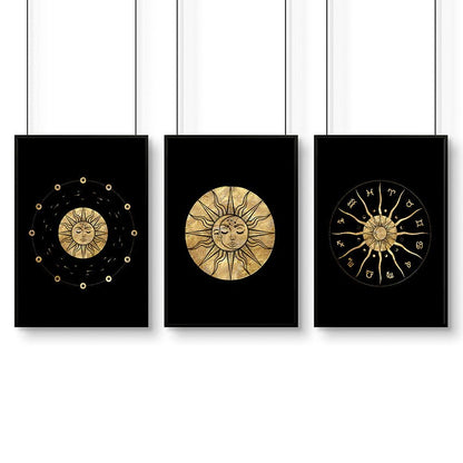Sun and moon drawing  | set of 3 framed wall art
