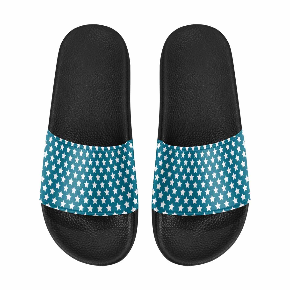 Mens Slide Sandals - Aqua Blue and White Stars