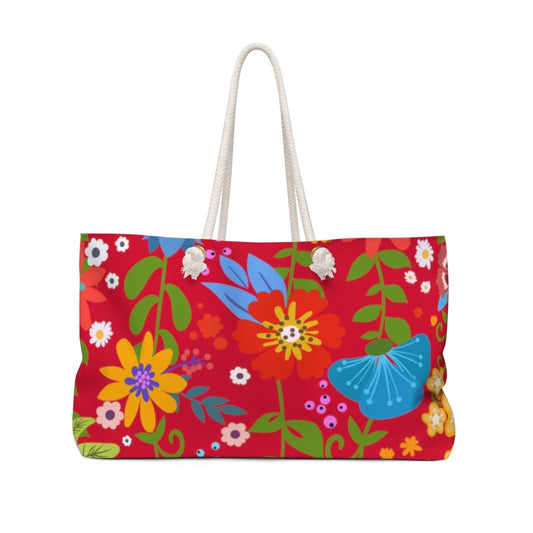 Weekender Tote Bag - Floral Print - Red