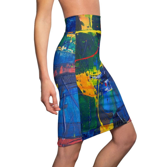 Womens Mini Skirt - High Waisted - Multicolor Abstract Pencil Skirt