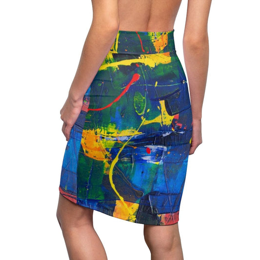 Womens Mini Skirt - High Waisted - Multicolor Abstract Pencil Skirt
